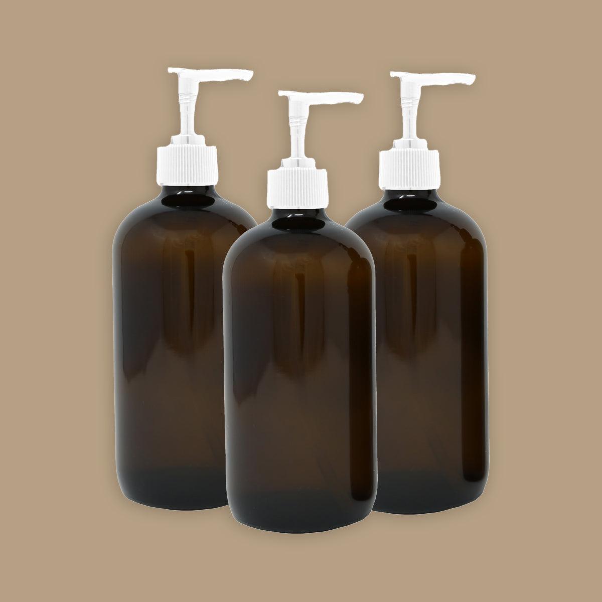480ml amber glass bottle with white lotion pump (3 pack) - local - letsbelocal.ca